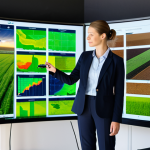 A professional agronomist, female, in a modest, appropriate business casual jacket and trousers, standing in a high-tech agricultural control center. She is viewing a large digital screen displaying a satellite map of a field with real-time data overlays (soil moisture, nutrient levels). In the foreground, a sleek, modern agricultural drone and soil sensors are visible on a desk. The lighting is bright and clean, emphasizing innovation and precision. The image is a professional photograph, high quality, sharp focus, perfect anatomy, correct proportions, natural pose, well-formed hands, proper finger count, natural body proportions, safe for work, appropriate content, fully clothed, professional dress.