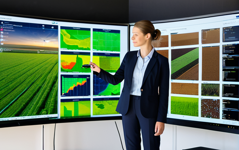 A professional agronomist, female, in a modest, appropriate business casual jacket and trousers, standing in a high-tech agricultural control center. She is viewing a large digital screen displaying a satellite map of a field with real-time data overlays (soil moisture, nutrient levels). In the foreground, a sleek, modern agricultural drone and soil sensors are visible on a desk. The lighting is bright and clean, emphasizing innovation and precision. The image is a professional photograph, high quality, sharp focus, perfect anatomy, correct proportions, natural pose, well-formed hands, proper finger count, natural body proportions, safe for work, appropriate content, fully clothed, professional dress.