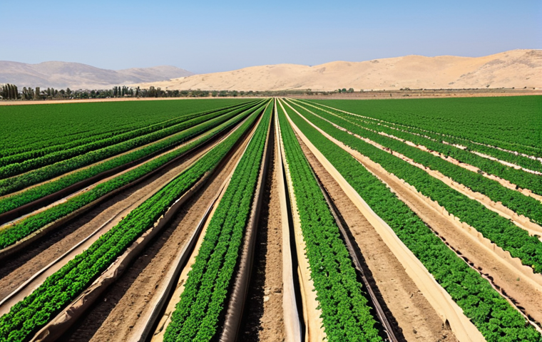 **

A modern Israeli farm utilizing drip irrigation in a desert landscape. Show rows of crops thriving despite the arid conditions, with water lines delivering precise hydration. Capture the efficiency and innovation of water management techniques in action. Focus on a bright, sunny day to emphasize the challenging environment. Fully clothed workers attending to the crops, safe for work, appropriate content, professional, modest, family-friendly, perfect anatomy, natural proportions.

**