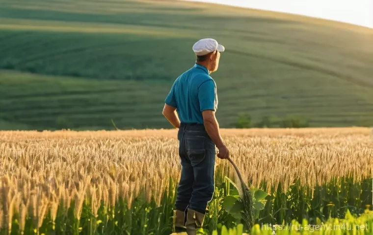 농업환경기술자와 협력 프로젝트 사례 - **Prompt:** A serene, wide-angle shot of a healthy, sprawling agricultural field in the Russian coun...