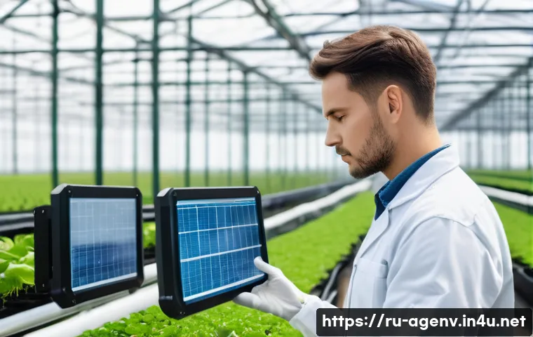 농업환경기술자 자격증 유지 관리 팁 - A professional agricultural technician in a modern greenhouse environment, wearing practical work cl...