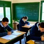 Home 21 농업환경기술자 시험 문제 유형 파악법 - A detailed classroom scene showing a group of Russian agricultural students during an exam session, ...