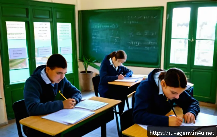 농업환경기술자 시험 문제 유형 파악법 - A detailed classroom scene showing a group of Russian agricultural students during an exam session, ...