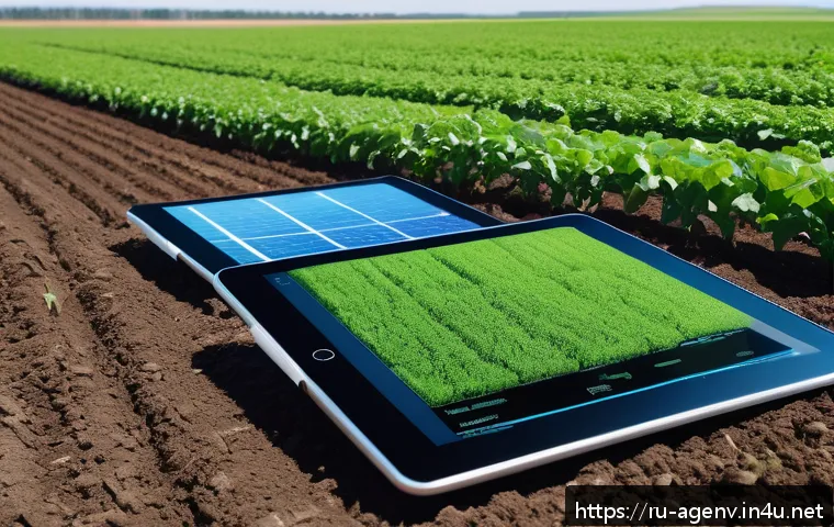 농업환경기술자 최신 기술 동향 - A modern Russian farm landscape featuring IoT soil and plant sensors installed across vast agricultu...