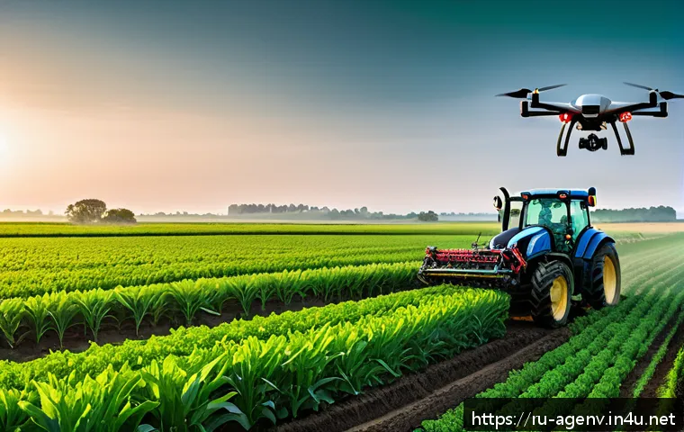 농업환경기술자 이직 성공 사례 - A modern agricultural field scene at sunrise, featuring a diverse team of farmers wearing practical ...